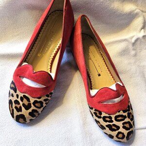 Charlotte Olympia Incy new red suede lips leopard print calfhair girls' flats 33
